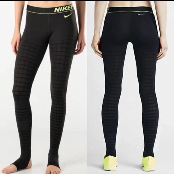 Nike Dri-Fit Pro Recovery Hypertight Running Tights in Black Neon Green Size L - Picture 1 of 16